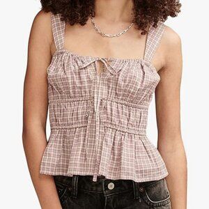 NEW Lucky Brand Womens S Drawstring Detail Cotton Purple Check Tank Crop Top